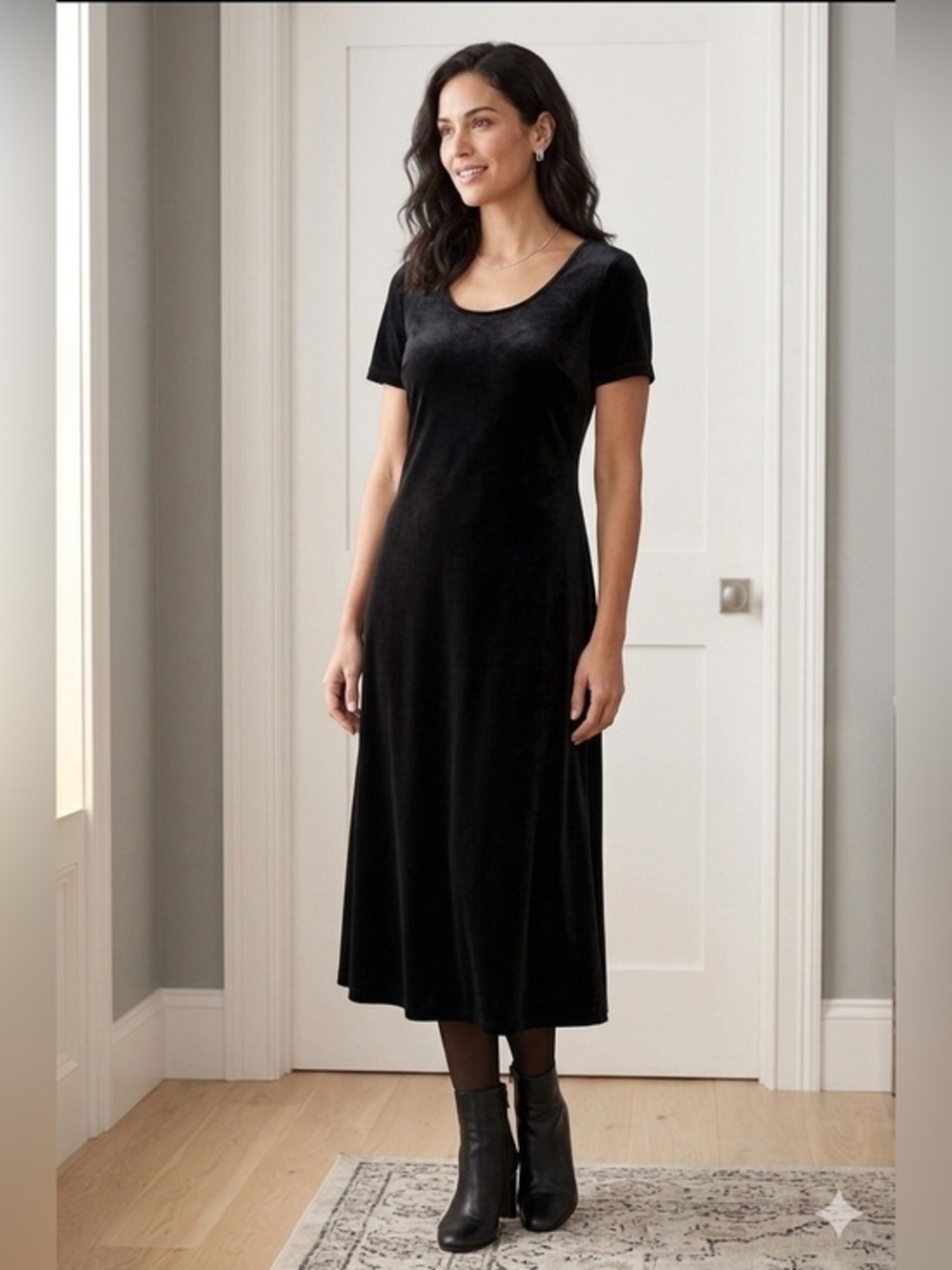 Coldwater Creek Petites Small Solid Black Short Sleeve Maxi Dress Slinky Knit PS